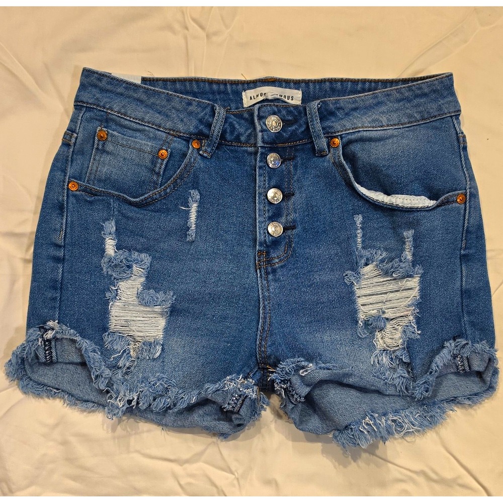 Almost Famous Juniors High Rise Distressed Cut-Off Denim Shorts 7 Blue #97